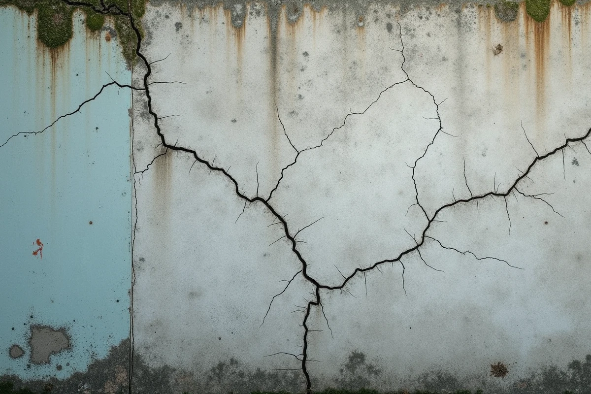 Gros plan sur des fissures dans un mur en béton extérieur montrant la détérioration du ciment