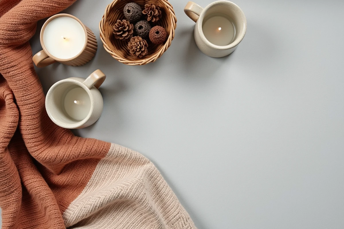 Flat lay d'accessoires cocooning maison sur lin gris : bougie en céramique, mugs en grès, panier en osier et plaid à chevrons terracotta, style éditorial chaleureux