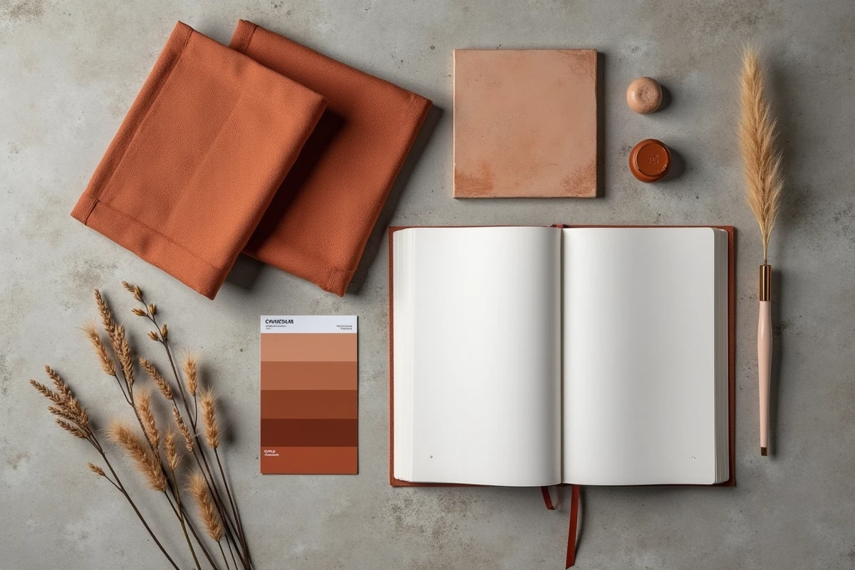 Flat lay de matières et nuanciers couleur tendance salon 2026 avec tissu boucle terracotta, céramique et carnet de design sur béton brut