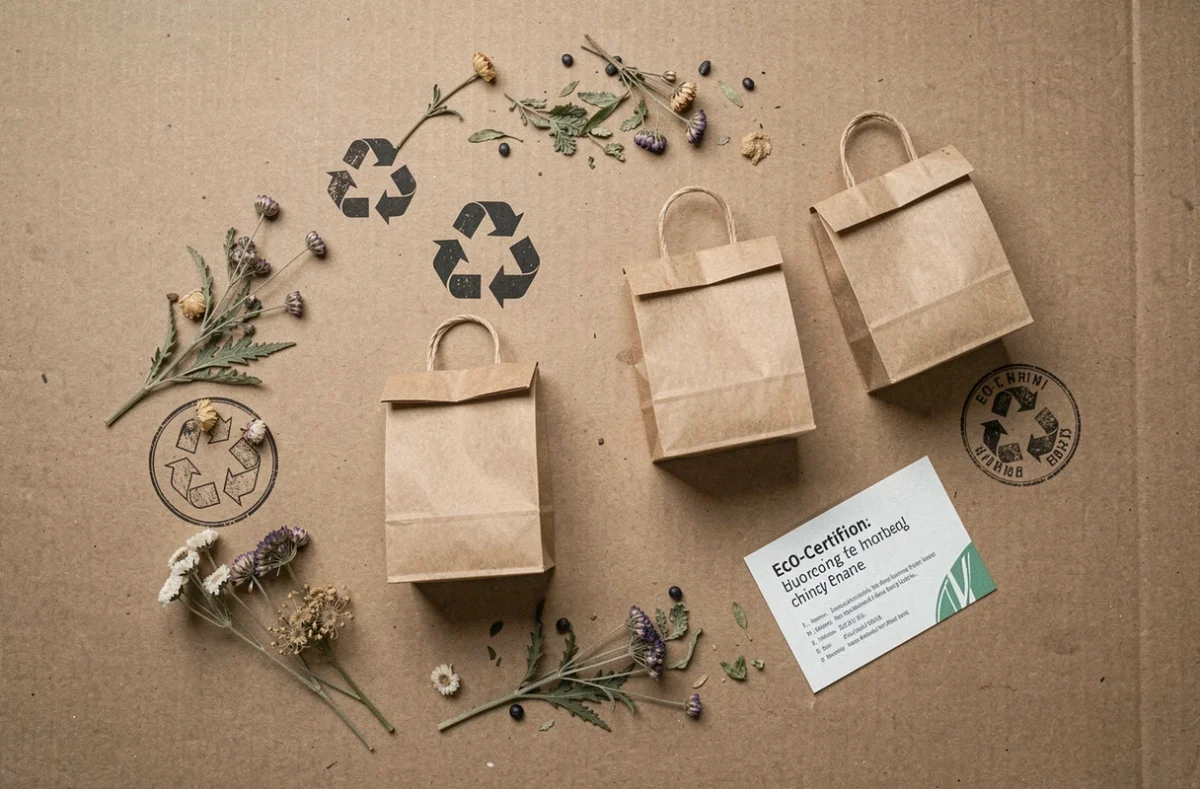 Vue à plat de petits sacs en kraft recyclable de différentes tailles avec tampons de recyclage et plantes séchées sur carton brut