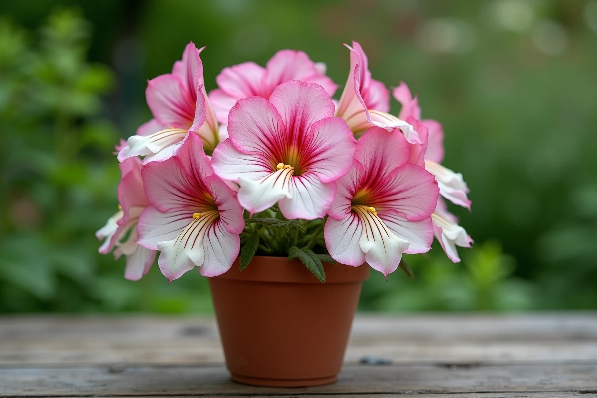 Fleurs de muflier (tête de chat) roses et blanches en pleine floraison dans un pot en terre cuite sur une table de jardin en bois