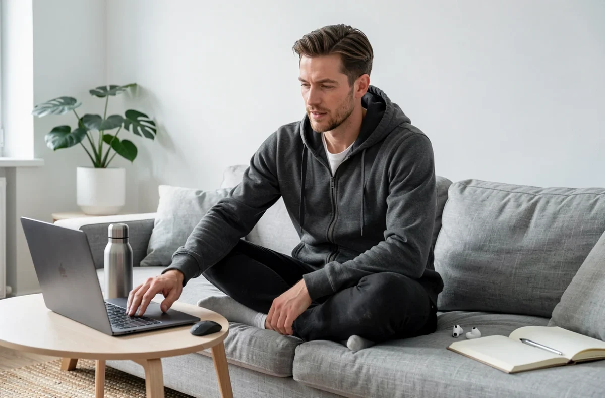 Homme en télétravail sur canapé avec une gourde chauffante électrique posée à côté de son espace de travail