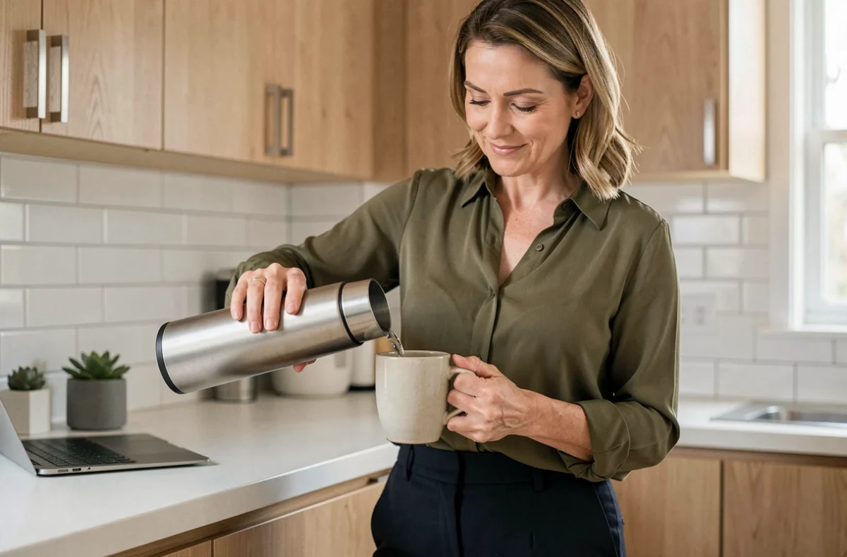 Femme en pause télétravail versant de l'eau chaude depuis une gourde chauffante dans une cuisine moderne