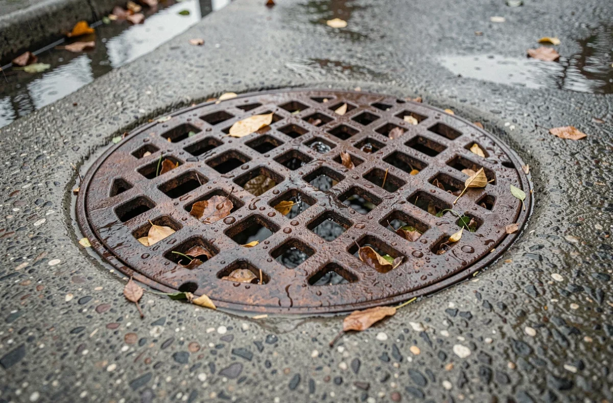Grille de puisard eaux pluviales en fonte avec débris et eau de ruissellement sur chaussée mouillée
