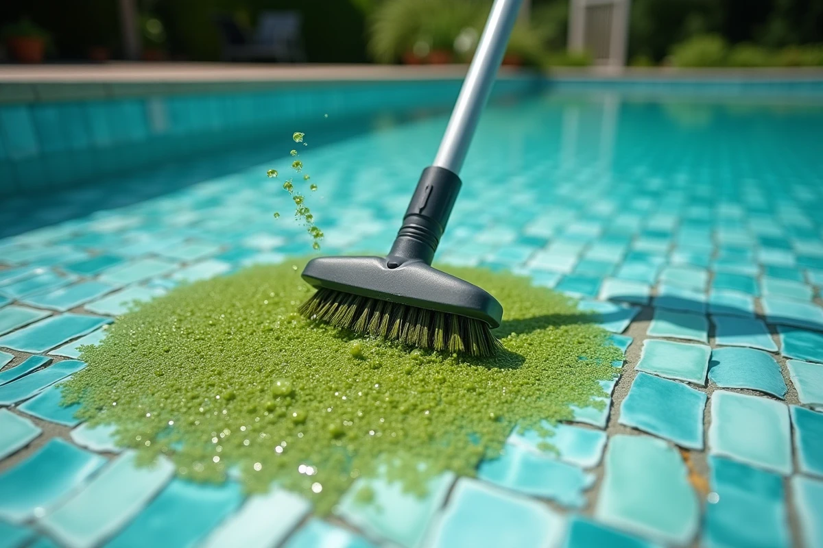 Gros plan sur le nettoyage des algues au fond d'une piscine avec une brosse sans aspirateur
