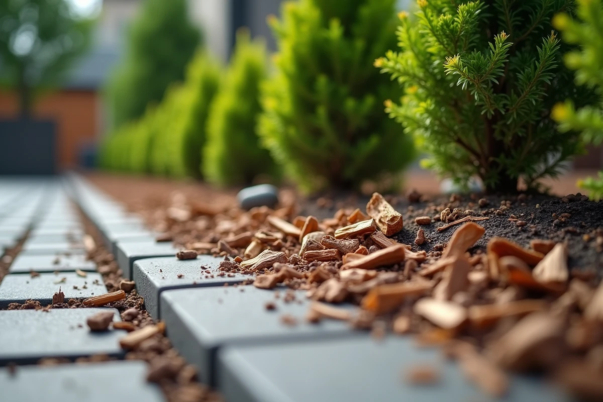 Gros plan sur une couche de broyat de bois étalée autour d'arbres ornementaux en bordure de jardin
