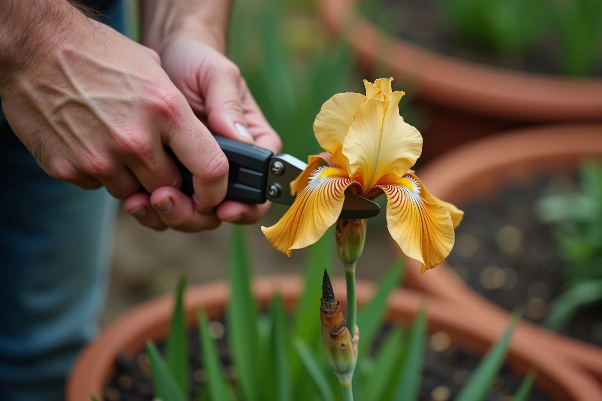 Gros plan de mains coupant une fleur de lys fanée avec un sécateur, pétales d'iris flétris en détail