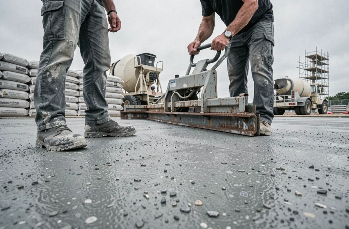 Gros plan sur une dalle béton finalisée avec machine à lisser et matériaux de chantier en arrière-plan