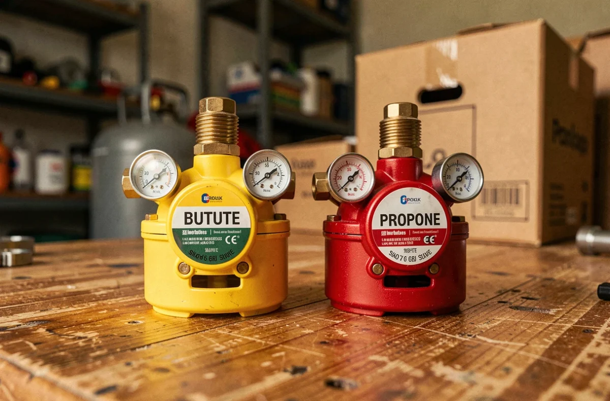 Gros plan sur un détendeur butane jaune et un détendeur propane rouge posés côte à côte sur un établi en bois