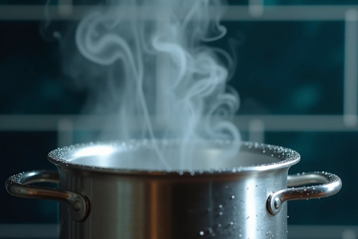 Gros plan sur de la vapeur d'eau s'échappant d'une casserole en inox avec de l'eau bouillante