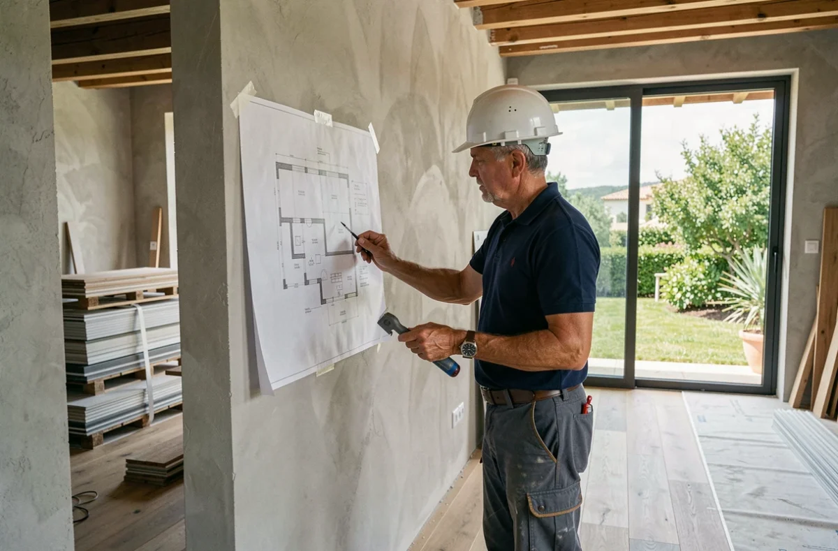 Professionnel de la rénovation intérieure consultant des plans dans un appartement en travaux sur la Côte d'Azur