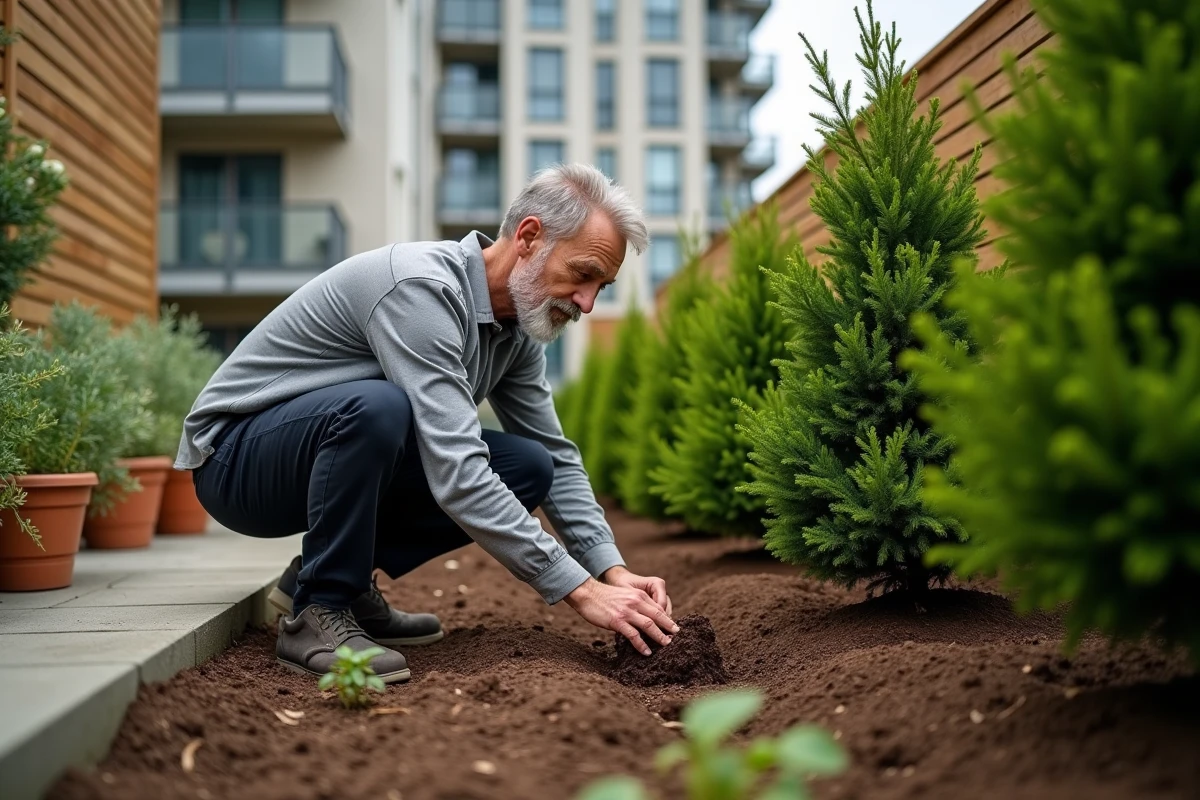 Homme plantant une haie végétale dans un jardin pour se protéger d'un vis-à-vis en hauteur