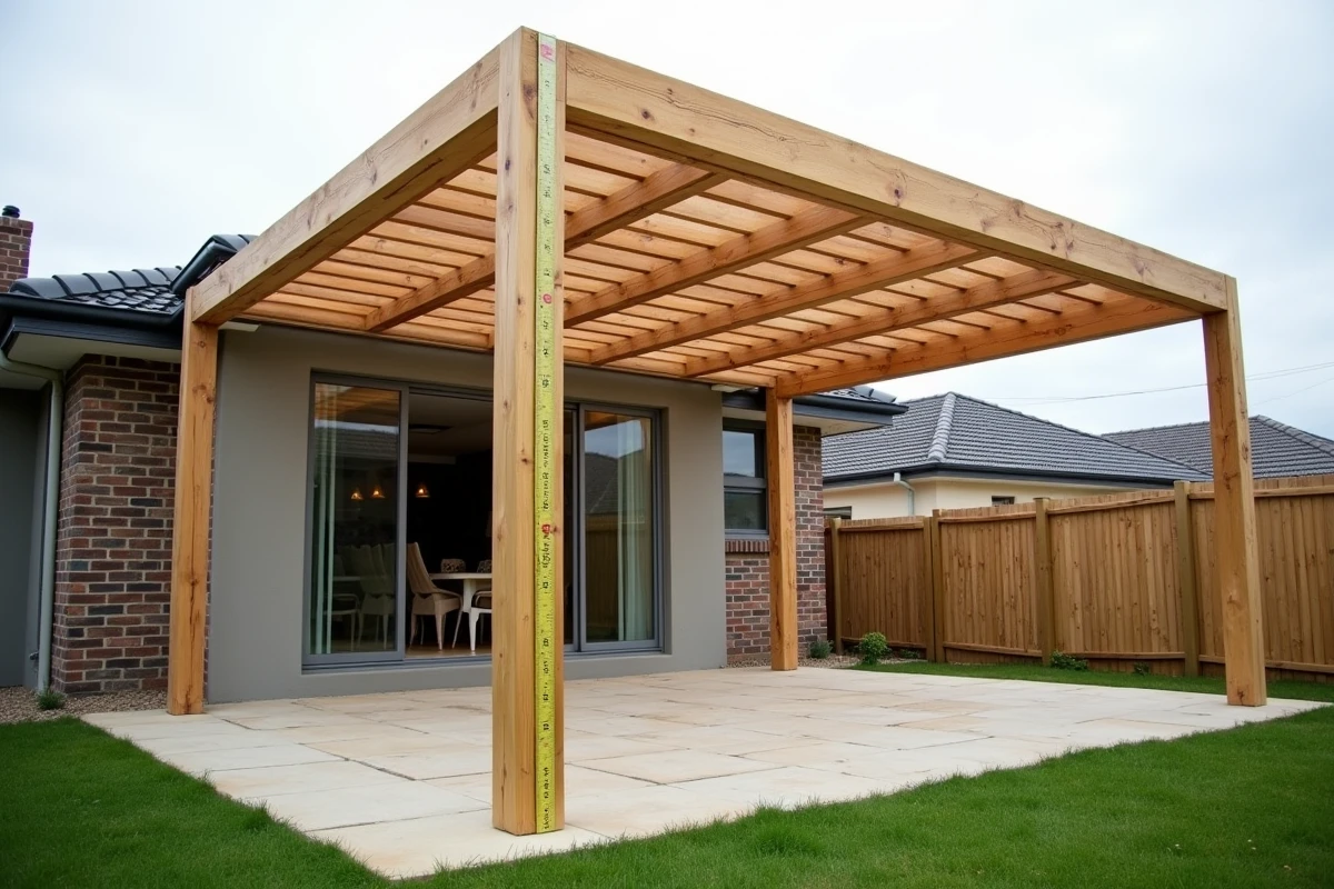 Pergola en bois dans un jardin résidentiel avec mètre ruban mesurant la hauteur de la structure