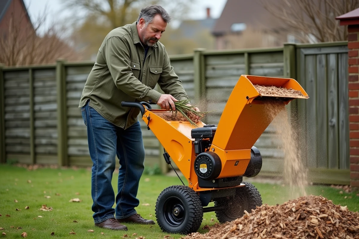 Homme utilisant un broyeur de végétaux pour produire du broyat dans son jardin