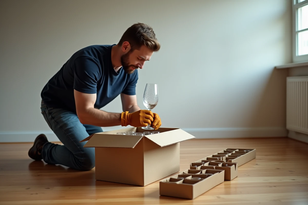 Homme plaçant des verres emballés dans des bulles d'air dans une boîte de déménagement compartimentée