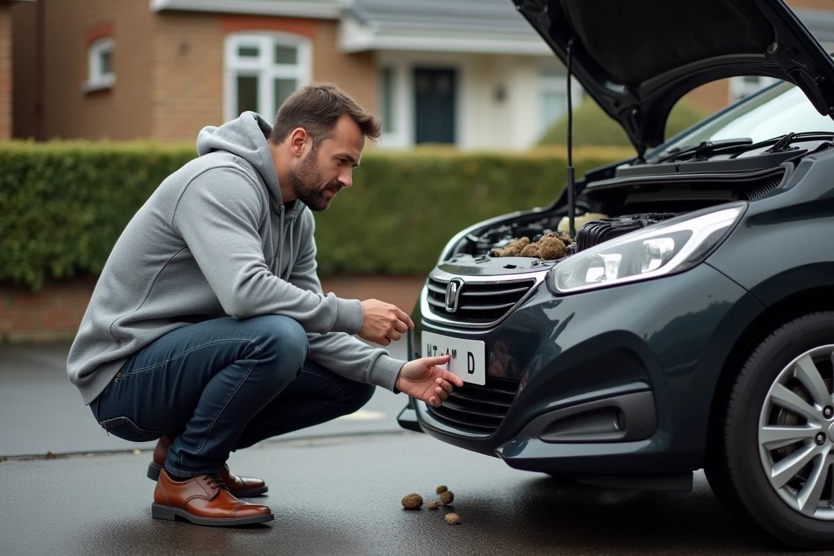Homme inspectant des câbles mâchés et des crottes de fouine dans le compartiment moteur de sa voiture sur une allée résidentielle