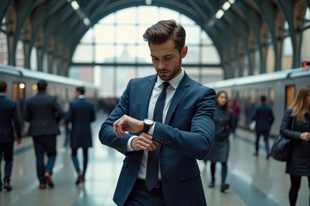 Homme en costume vérifiant sa montre dans une gare urbaine moderne