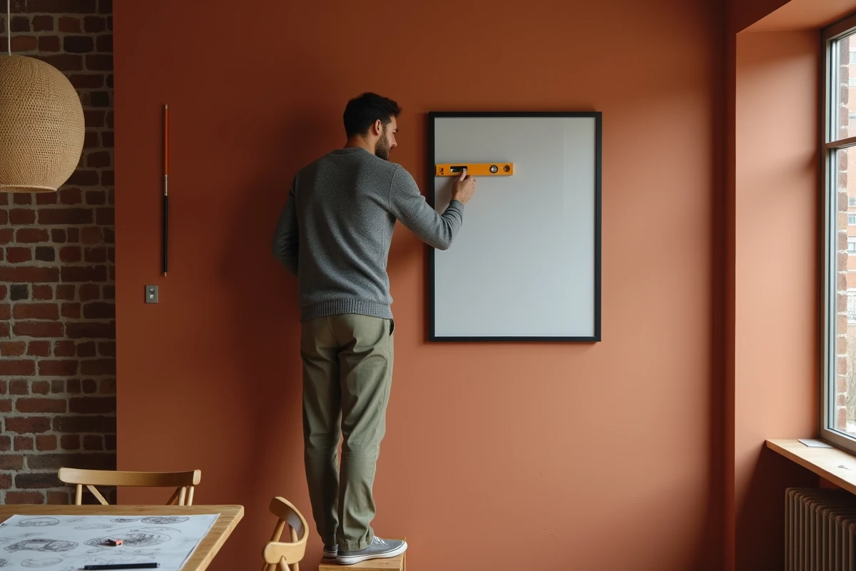 Homme utilisant un niveau à bulle pour aligner un grand tableau encadré sur un mur terracotta dans une salle à manger rustique