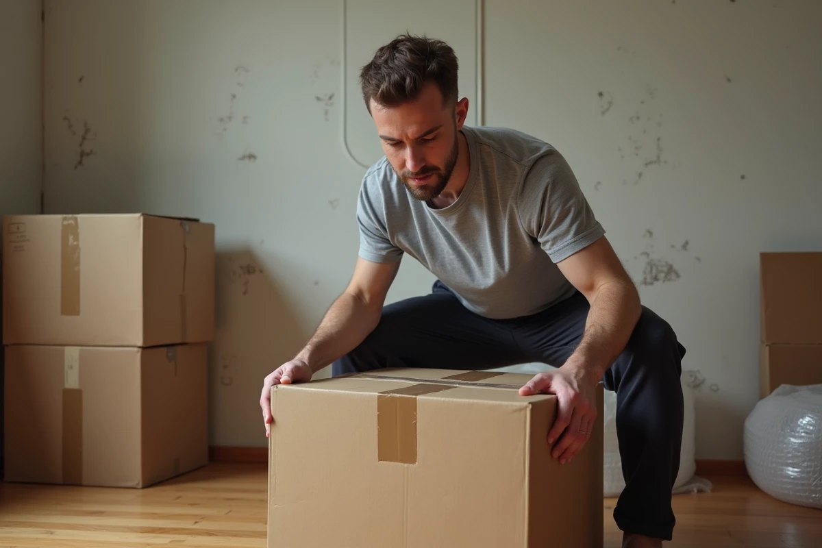 Homme soulevant un gros carton lourd en pliant les genoux dans un appartement en cours de déménagement