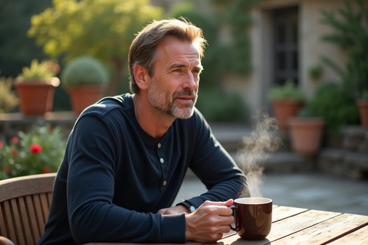 Homme tenant une tasse fumante en céramique avec de la vapeur d'eau visible sur une terrasse en pierre le matin