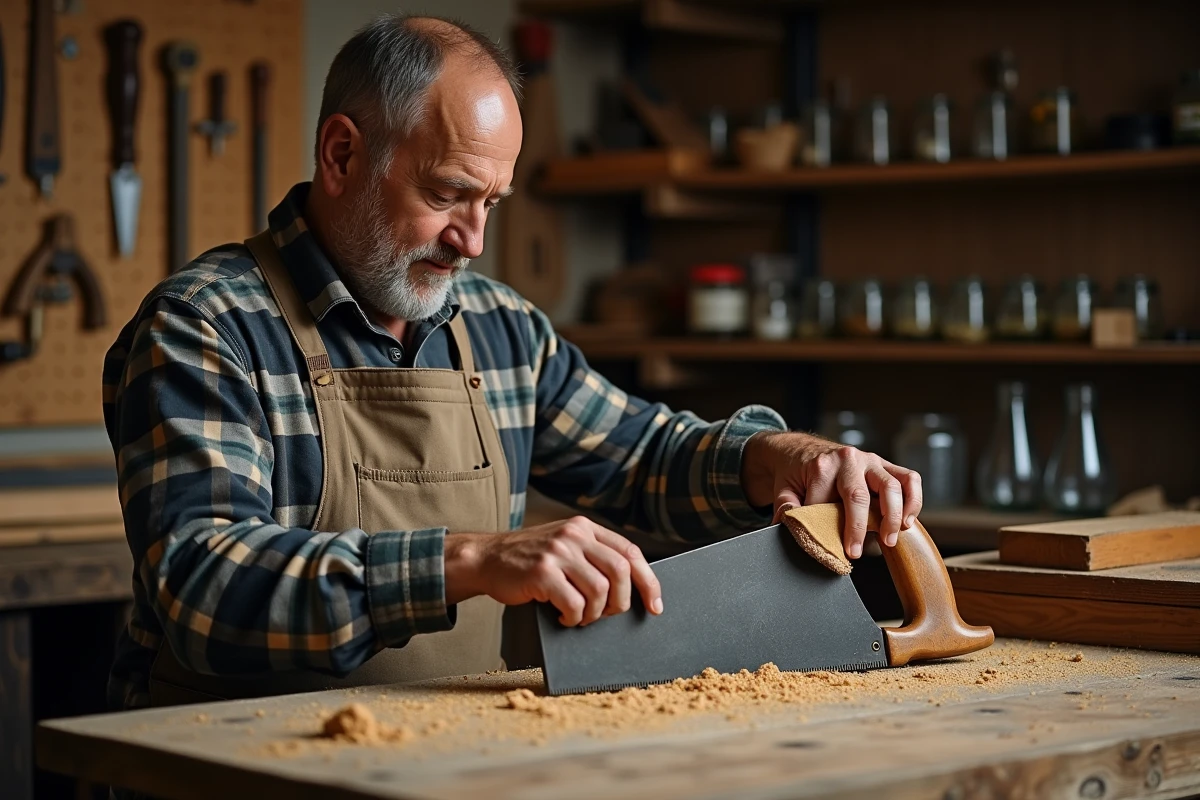 Artisan appliquant de l'huile de camélia sur une scie à main en bois dans un atelier de menuiserie rustique