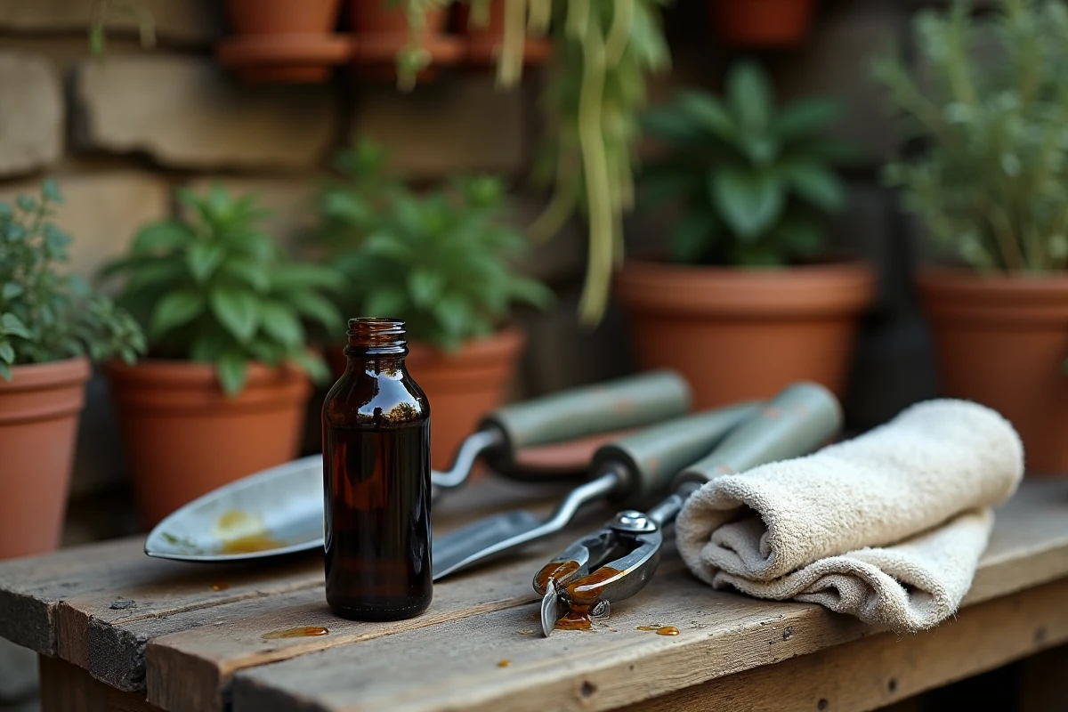 Bouteille d'huile de camélia et outils de jardinage huilés posés dans une remise en pierre naturelle