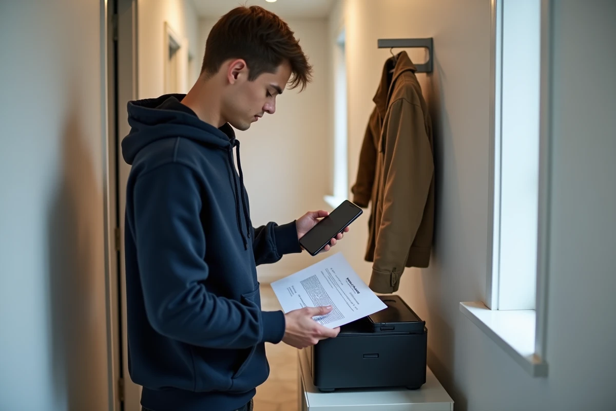 Jeune adulte imprimant un justificatif de domicile téléchargé gratuitement en ligne depuis son smartphone
