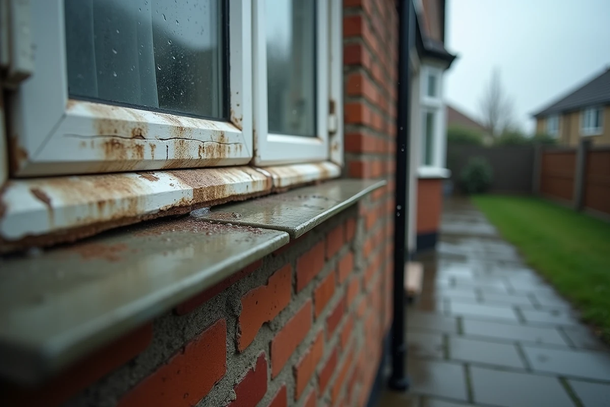 Infiltration d'eau visible sur une façade en briques autour d'un cadre de fenêtre sous la pluie