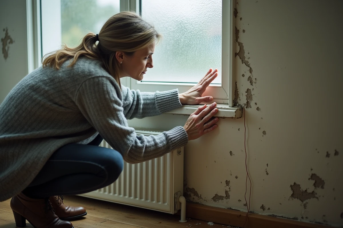 Femme constatant une infiltration d'eau sur un mur intérieur humide lors d'une journée de pluie