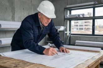 Ingénieur en structure consultant des plans de poutre en fer sur mesure dans un bureau de chantier professionnel
