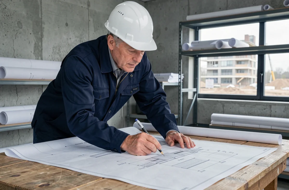 Ingénieur en structure consultant des plans de poutre en fer sur mesure dans un bureau de chantier professionnel