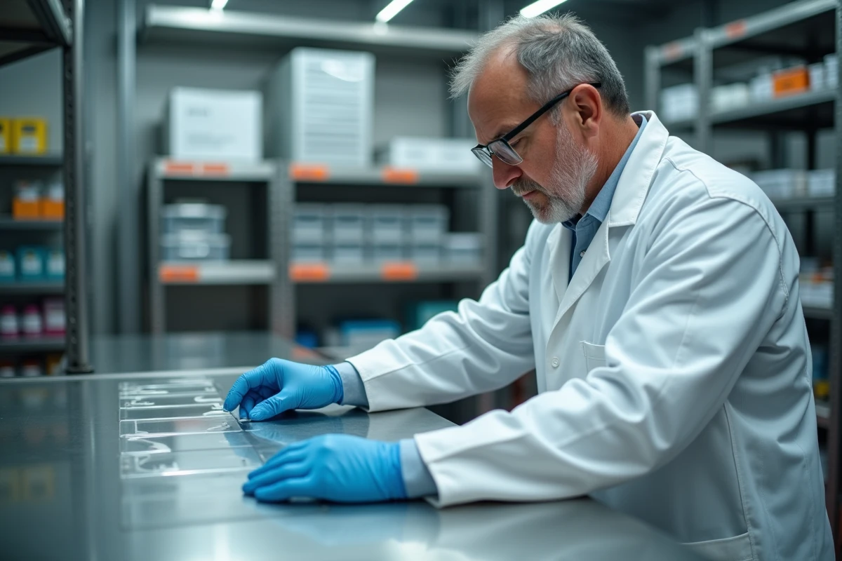Ingénieur en laboratoire industriel examinant une feuille de polycarbonate soumise à des tests thermiques