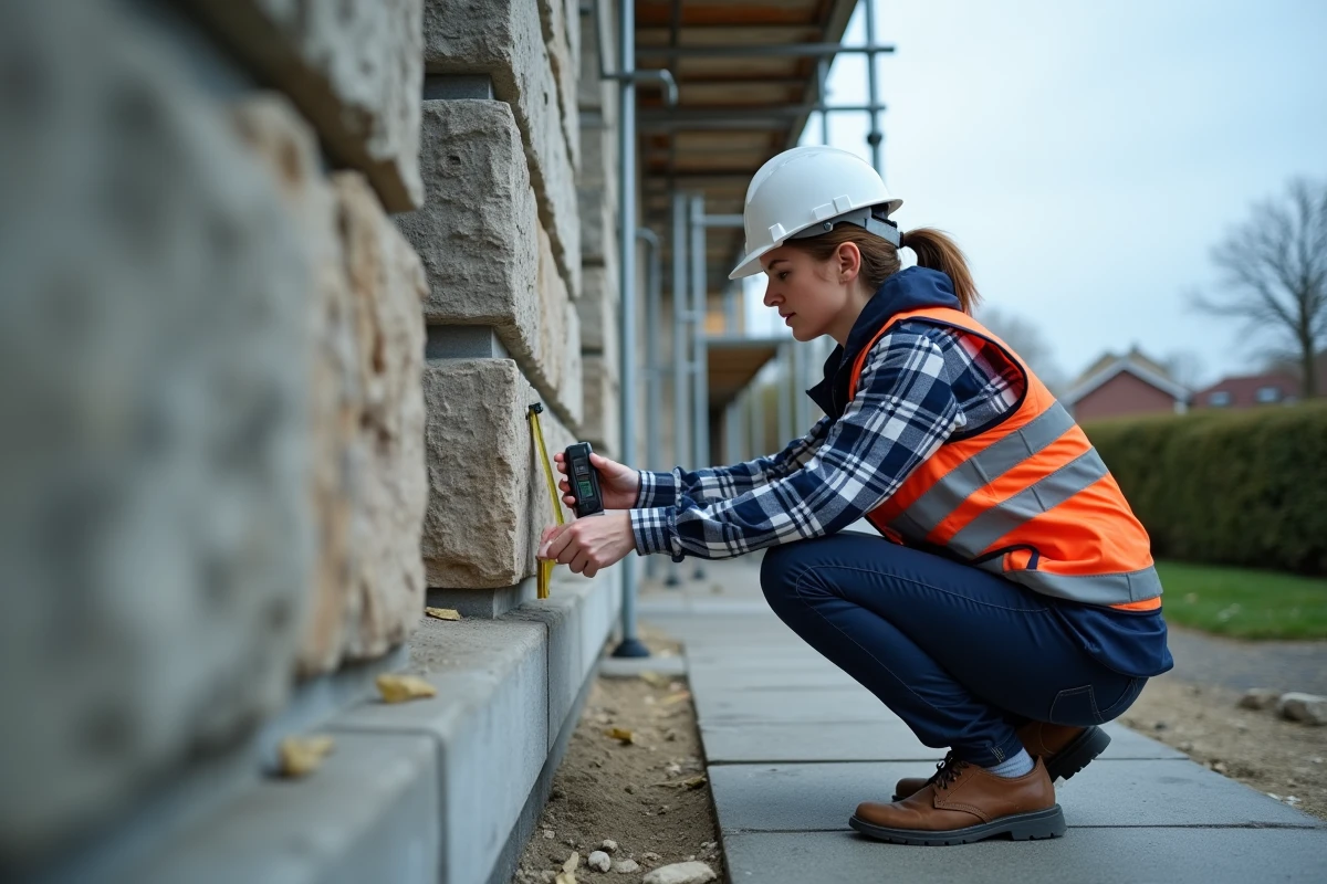 Ingénieure en structure évaluant la faisabilité d'une surélévation sur la façade d'une maison ancienne