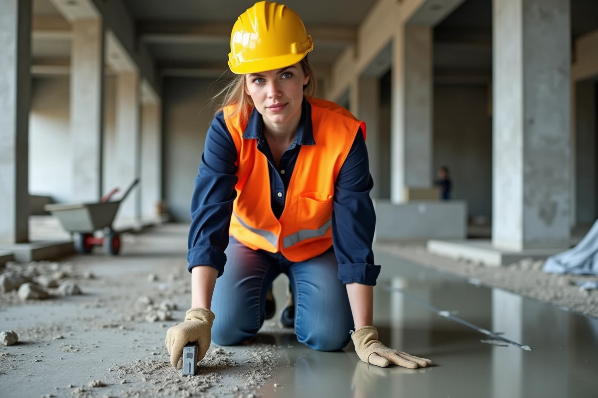 Ingénieure en bâtiment inspectant une dalle en béton fraîchement coulée avec un outil de mesure des fissures