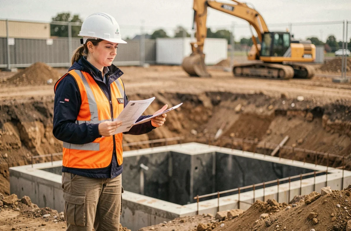 Ingénieure en génie civil inspectant un puisard eaux pluviales ouvert sur un chantier de construction