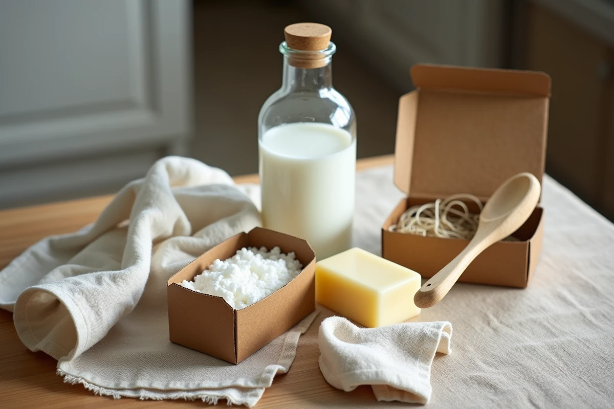 Ingrédients naturels de grand-mère pour nettoyer un sol en lino noirci, vinaigre bicarbonate savon de Marseille