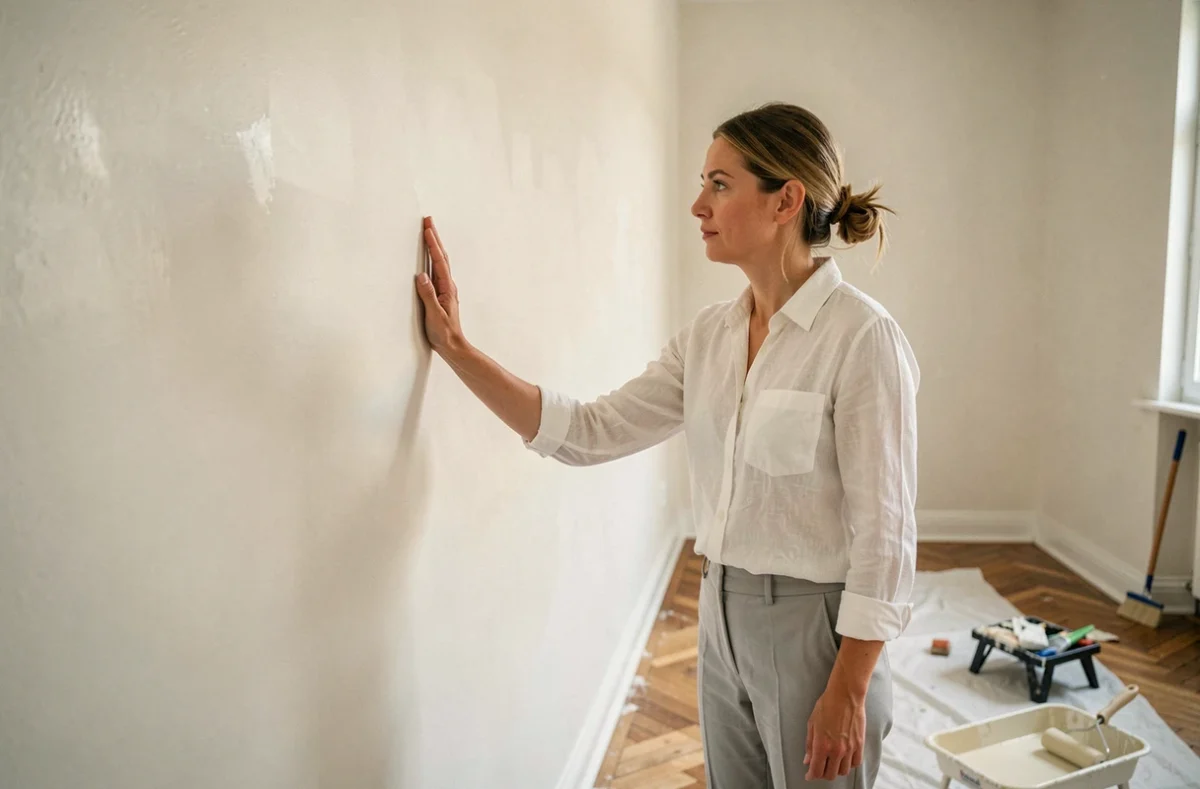 Femme inspectant la finition d'un mur enduit et peint dans une pièce rénovée, vérifiant la planéité de la surface