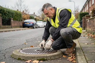 Ouvrier municipal inspectant une grille de puisard eaux pluviales sur un trottoir résidentiel
