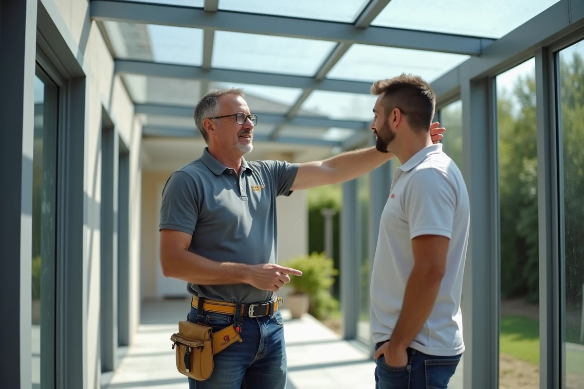 Installateur professionnel présentant les détails de construction d'une véranda en aluminium