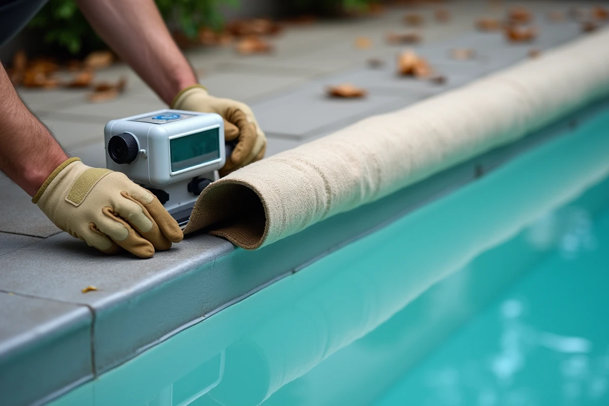 Technicien installant une alarme de piscine sur le bord d'une piscine avec couverture hivernale partiellement repliée