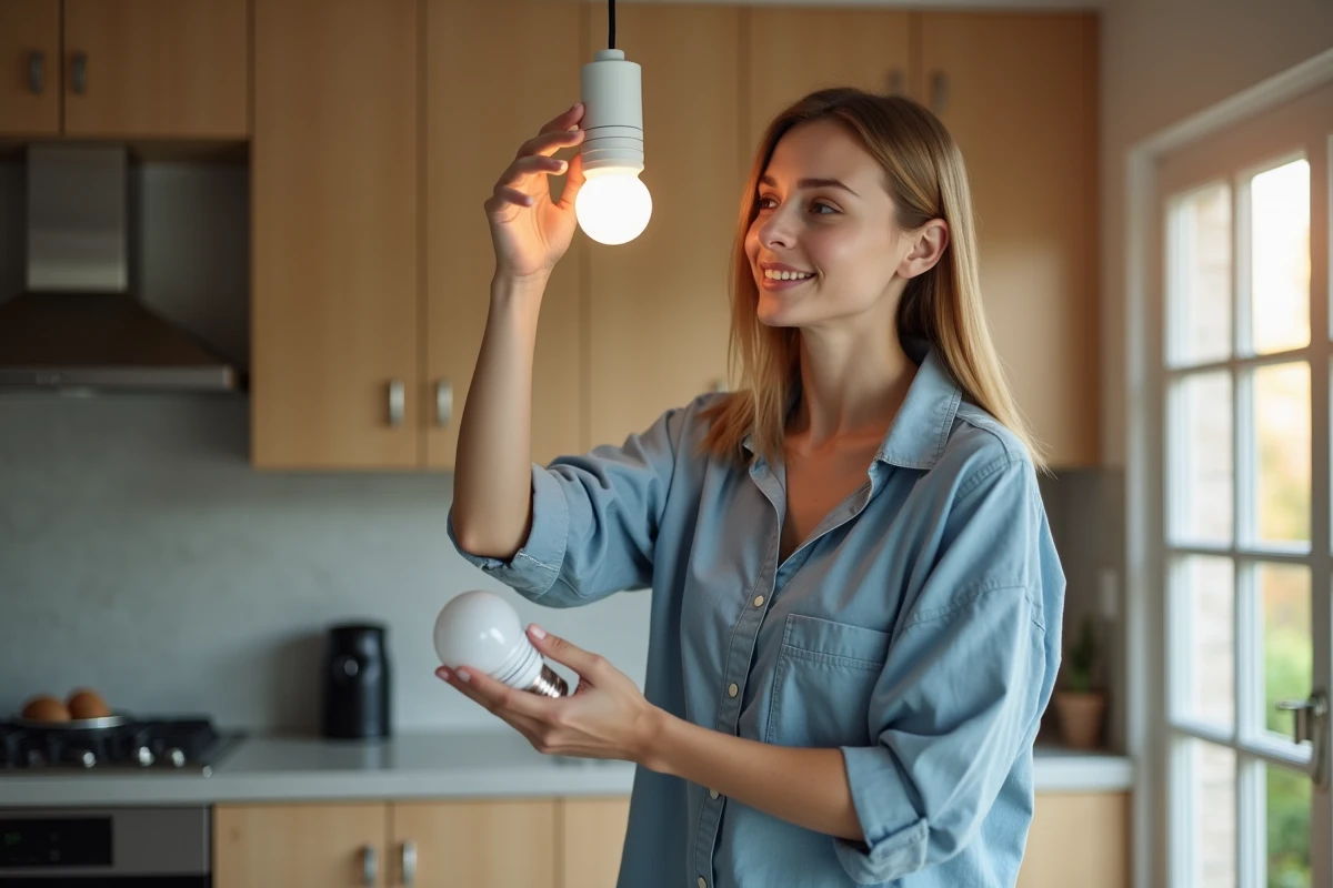 Femme installant une ampoule LED type A dans une cuisine moderne avec une ampoule LED type B posée sur le comptoir