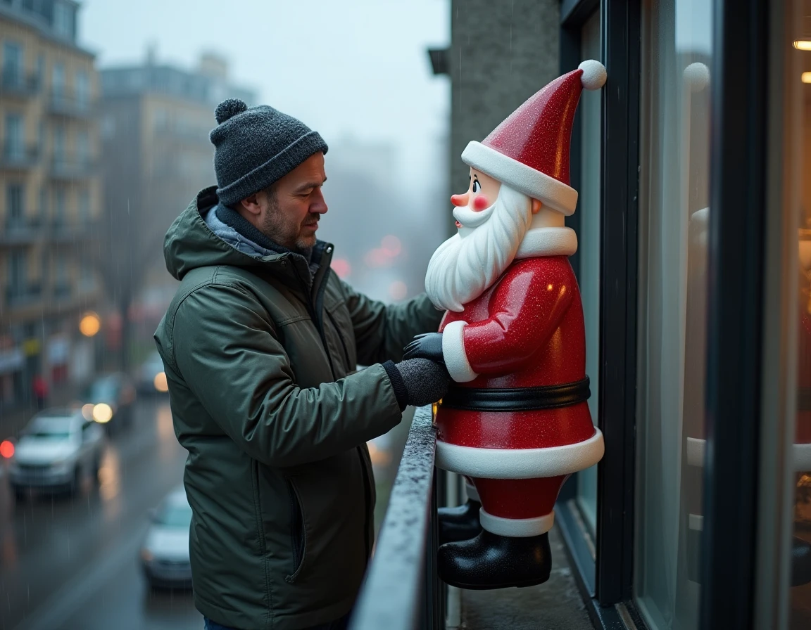 Personne installant une décoration père Noël imperméable sur un balcon sous la pluie