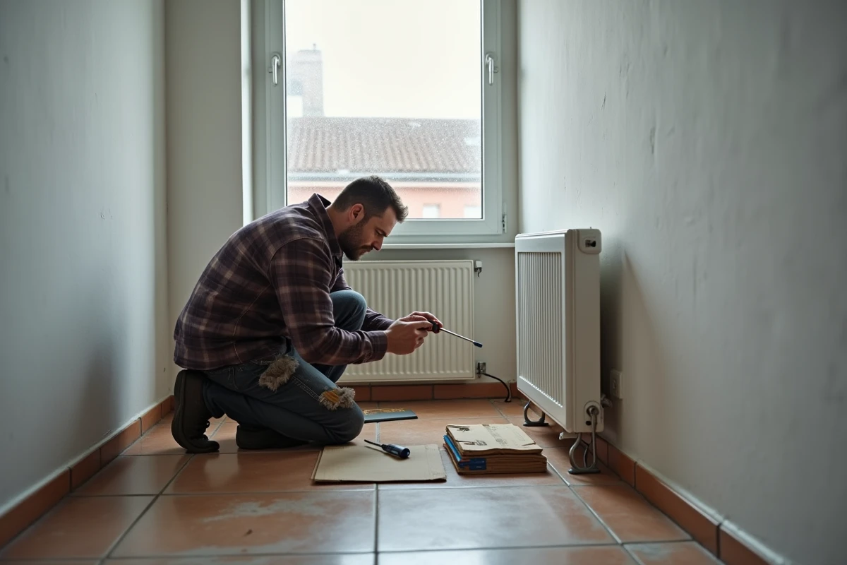 Homme installant un radiateur à panneau électrique portatif dans un appartement, solution de chauffage d'appoint pour l'hiver