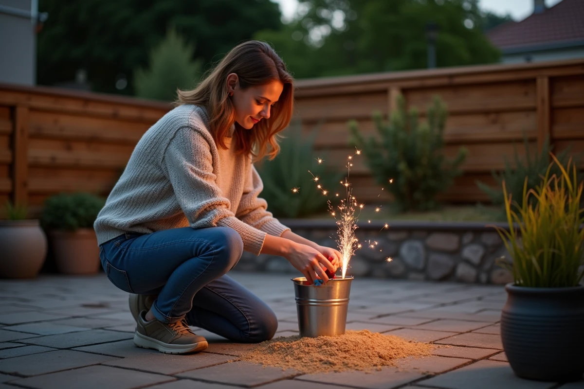 Femme installant un tube de feu d'artifice dans un seau de sable pour un tir en sécurité dans un jardin privé