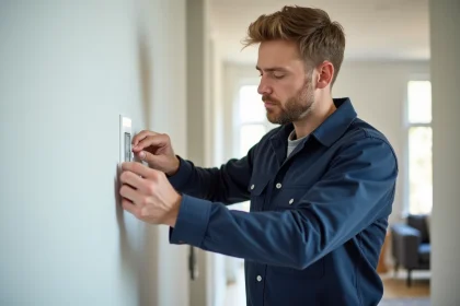 Électricien professionnel installant un va-et-vient interrupteur Legrand sur un mur blanc dans un couloir moderne