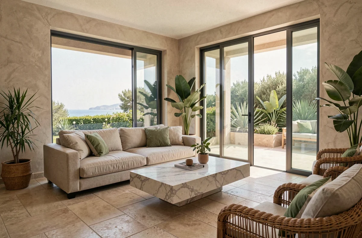 Salon niçois design alliant intérieur et extérieur avec vue mer et portes vitrées ouvertes sur terrasse