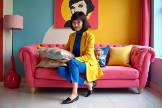 Femme arrangeant des coussins colorés sur un canapé rose dans un intérieur au style pop design vibrant