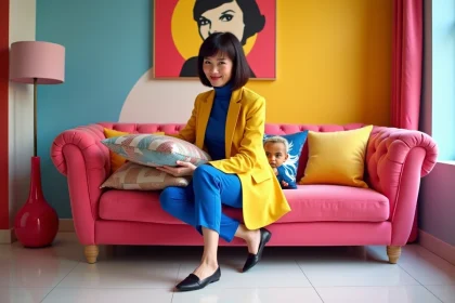 Femme arrangeant des coussins colorés sur un canapé rose dans un intérieur au style pop design vibrant
