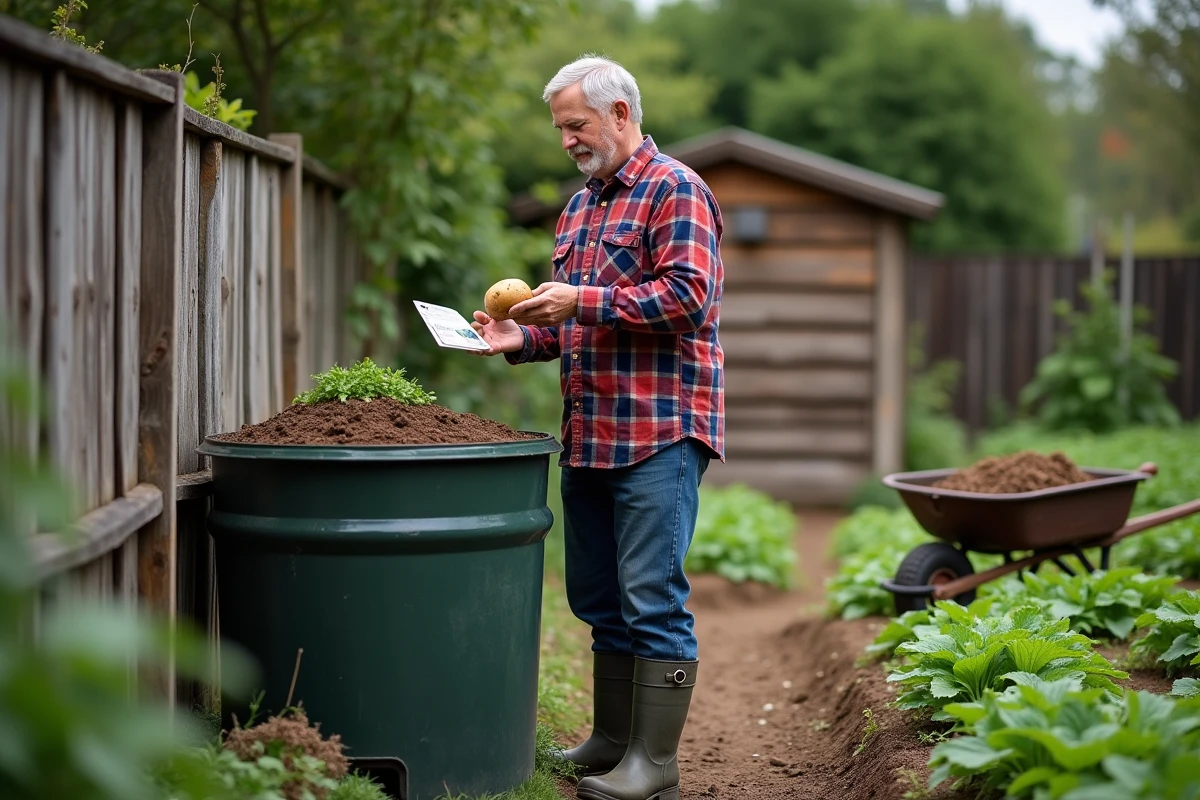 Jardinier examinant une pomme de terre coupée près d'un bac à compost dans un potager