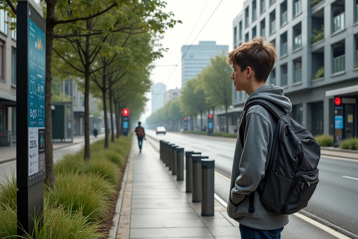 Adolescent attendant le tram dans une ville durable avec panneaux solaires, jardin pluvial et station de vélos partagés en arrière-plan